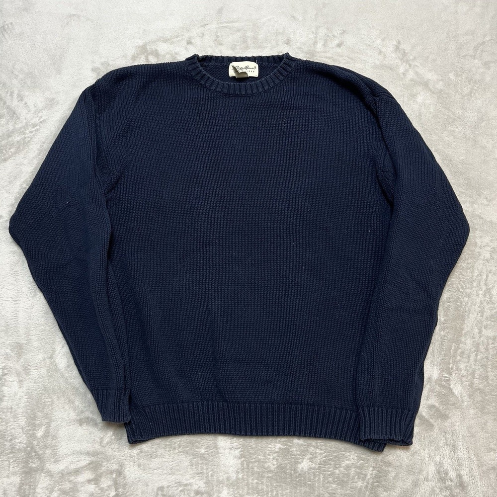 Eddie Bauer Mens Large Tall Navy Blue Cotton Shaker Knit Crewneck Sweater
